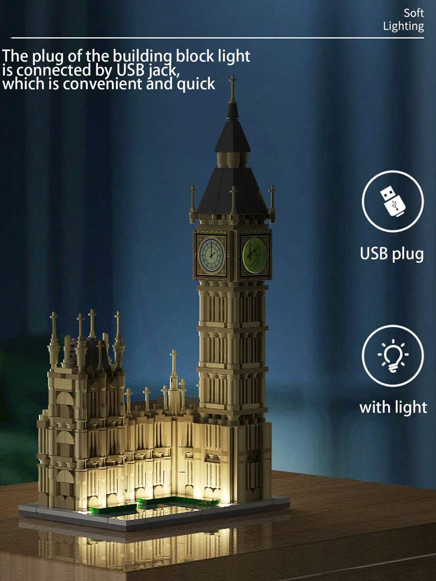 815塊倫敦大笨鐘建築模型積木,附浪漫led燈和可轉動時鐘,適合成人玩具(含真實時鐘) - 米色 - 查看 1