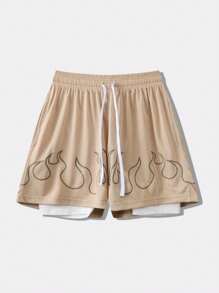 KOVSEE 男士美式籃球風格火焰印花網眼短褲,附抽繩,透氣,雙層,及膝,街頭風格健身休閒時尚 - 卡其色 - 查看 4