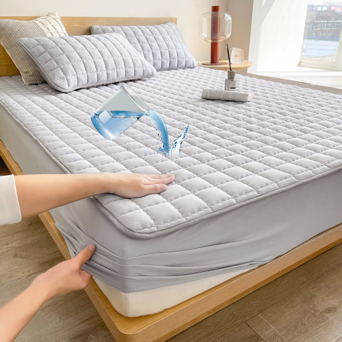 1pc Light Grey Fitted Sheet, Modern Fabric Waterproof Fitted Bottom