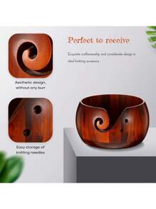 1入組木頭纱线碗,DIY纱线收納容器帶蓋,圓形纱线收納,毛線收納籃有孔,手工製作工藝勾織成套工具收納完美適用於媽媽的禮品 - 棕色 - 查看 2