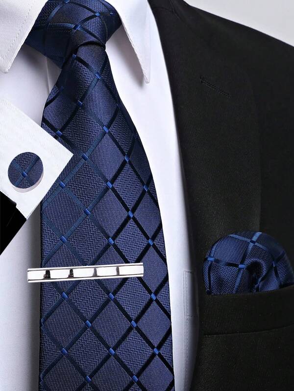 1pc Men's 8cm Navy Blue Plaid Necktie With Pocket Square, Cufflinks, And Tie Clip Set, Suit Tie For Wedding Or Party Casual