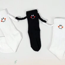 1 Pair Family Style Cartoon Smiling Face Embroidery Hand In Hand Funny Black/white Mid-calf Socks For 1-8 Years Old - Black - View 3