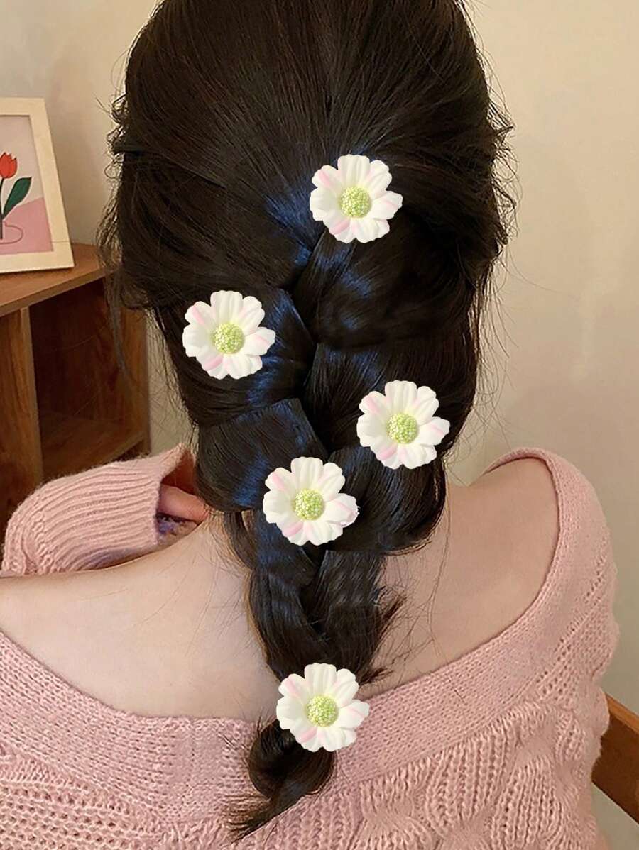 5pcs Artificial Flowers Decorated Sweet Hairpins For Daily Use - White - View 1