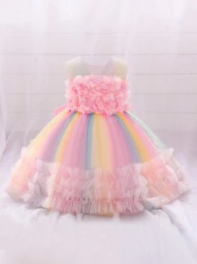 Young Girl Multi-Color Mesh Layered Dress With 3d Flower Decor, Ideal For Birthday Party - Pink - View 1