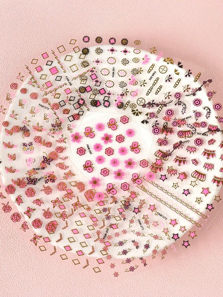30pcs/Set Pink Gold Heart Flower Star Self-Adhesive Nail Stickers - 彩色 - 查看 1