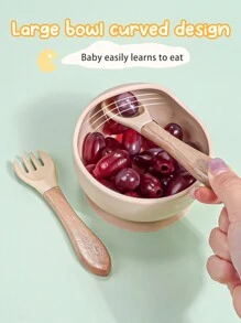 3入組嬰兒餵食器具套裝，一個帶吸盤底的矽膠碗和木柄匙叉，容易清洗，適用於日常使用和戶外活動的兒童餐具 - 卡其色 - 查看 4