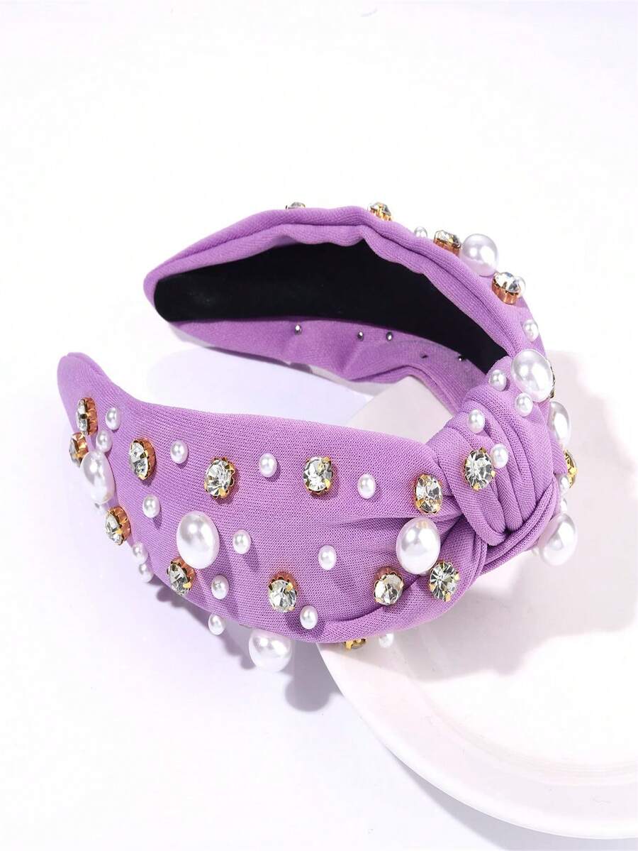 1條珍珠鑲鑽石頭帶,珍珠結髮箍,寬款扎結頭帶適用於女性女孩頭飾髮飾,紫色