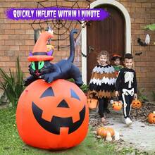 5FT Halloween Inflatable Pumpkin Yard Decoration, Lighted Blow Up Outdoor Decor, Stacked Witch's Black Cat With Pumpkin Built-In LED Lights For Balcony Home Holiday Party Lawn Patio Outside Event Prop - 黃色 - 查看 3