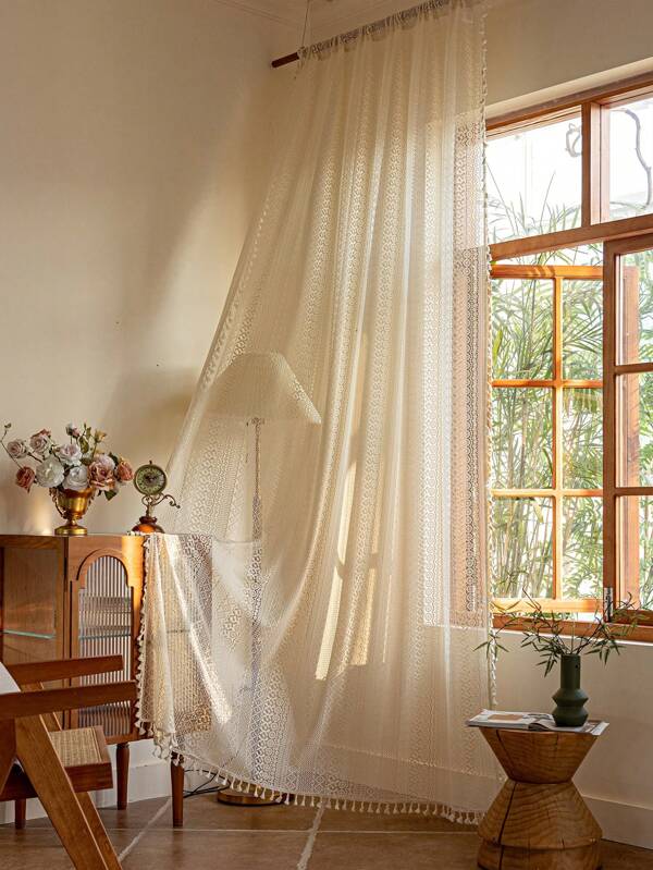 1 Stück Wohnzimmer/schlafzimmer Bohemian-stil Leinen-gaze-vorhang Mit Floraler Spitzentrennwand