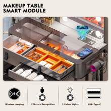 Gurexl Vanity Desk with Wireless Charging Station, Dressing Table with Lighted Mirror & 3 Lighting Modes Adjustable Brightness, Glass Top Makeup Vanity Table Set with 6 Drawers & Stool