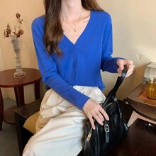 Suéter ligero para mujer, cárdigan de manga larga, camiseta sin mangas corta asimétrica de estilo informal de otoño para mujer - Azul - Ver 5