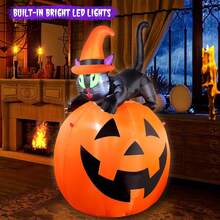 5FT Halloween Inflatable Pumpkin Yard Decoration, Lighted Blow Up Outdoor Decor, Stacked Witch's Black Cat With Pumpkin Built-In LED Lights For Balcony Home Holiday Party Lawn Patio Outside Event Prop - 黃色 - 查看 2