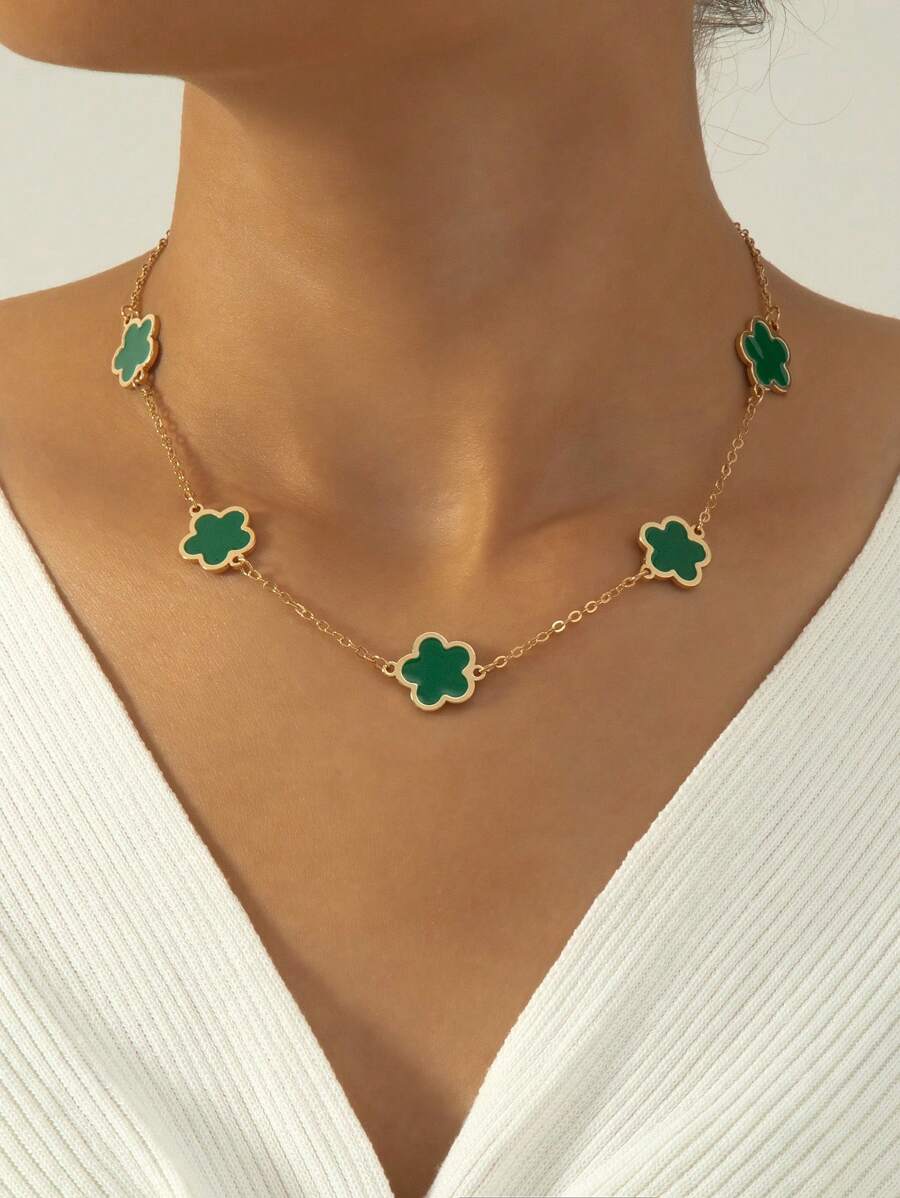 1pc Vintage Punk Style Flower Necklace With European And American Flavor, Suitable For Back-to-school Season, Halloween, Thanksgiving As A Gift - Green - View 1