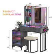 Lvifur Makeup Vanity Table with RGB Lights & Charging Station, Auto Sensor LED Dressing Table with 24 RGB Dimmable Lights, Makeup Desk with Storage Shelves and 6 Drawers