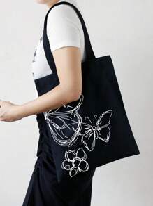 蝴蝶画图案双面印花单肩手提包，时尚蝴蝶包 - 黑與白 - 查看 4