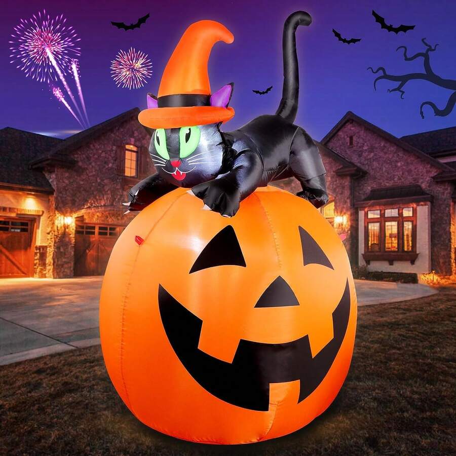 5FT Halloween Inflatable Pumpkin Yard Decoration, Lighted Blow Up Outdoor Decor, Stacked Witch's Black Cat With Pumpkin Built-In LED Lights For Balcony Home Holiday Party Lawn Patio Outside Event Prop - 黃色 - 查看 1