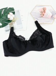 1pc Plus Size Women's Solid Color Flower Lace Hollow Out Ultra-Thin Single Underwire Bras