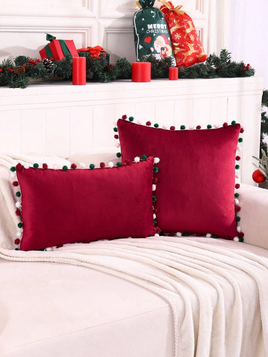 Miater 1pc Colorful Pom Pom Christmas Pillowcase - Burgundy - View 1