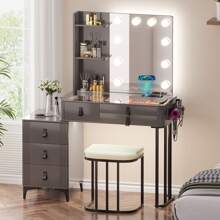 Gurexl Vanity Desk with Wireless Charging Station, Dressing Table with Lighted Mirror & 3 Lighting Modes Adjustable Brightness, Glass Top Makeup Vanity Table Set with 6 Drawers & Stool