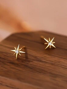 1pair S999 Sterling Silver Cubic Zirconia Eight-pointed Star Design Symmetric Earrings For Women