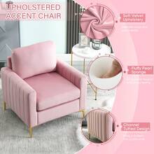 Velvet Accent Chairs Set Of 2, Mid Century Modern Single Sofa Chair, Tufted Upholstered Armchair, Reading Lounge Club Chair For Living Room, Bedroom, Comfy Accent Sofa Chairs - 粉色 - 查看 2