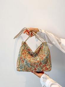 时尚花朵装饰纯色帆布水桶包，双肩带，女士单肩包 - 彩色 - 查看 6