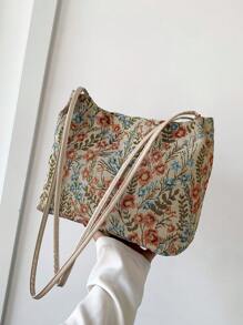 时尚花朵装饰纯色帆布水桶包，双肩带，女士单肩包 - 彩色 - 查看 5