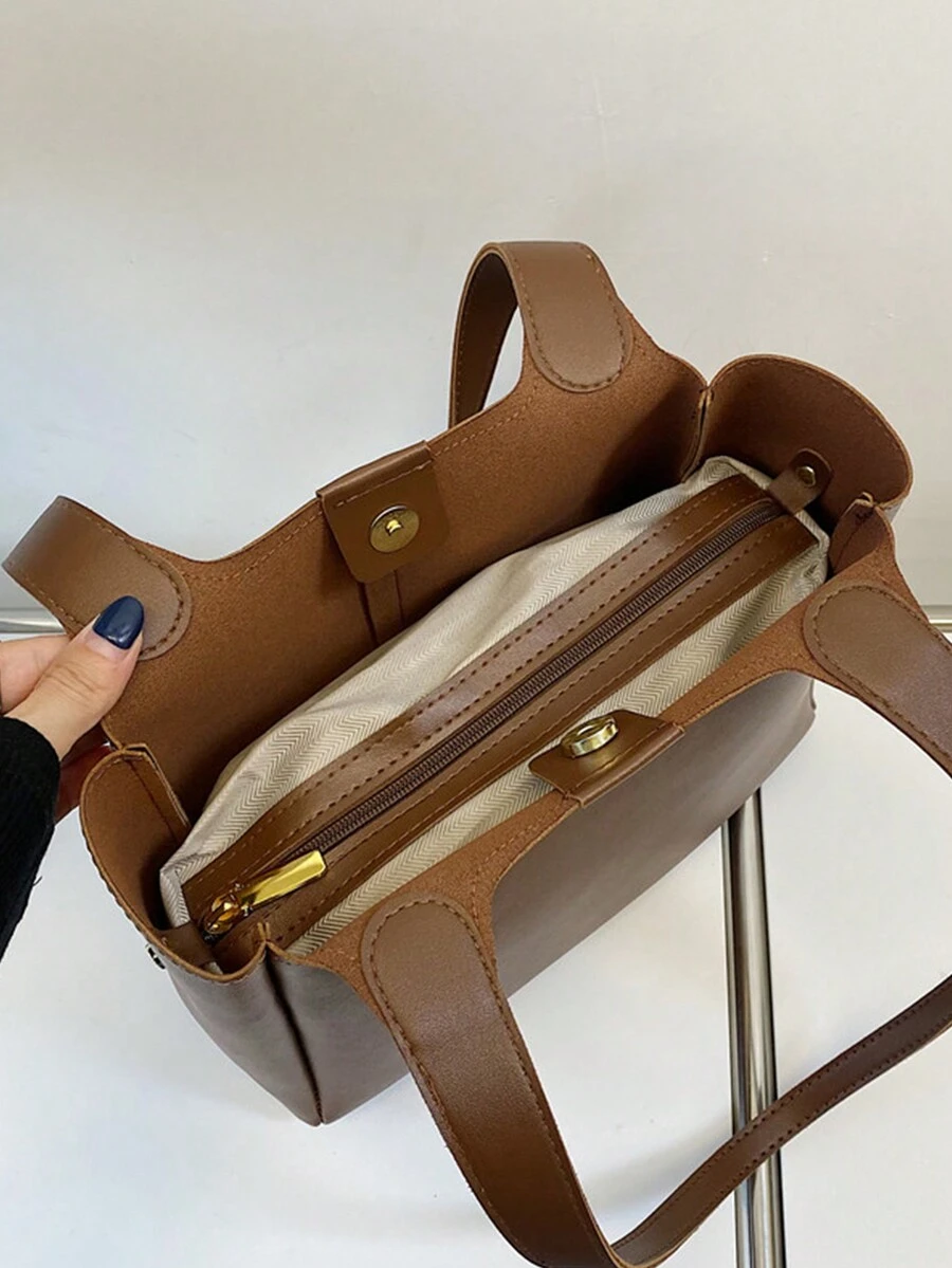 Bolso tote unicolor de gran capacidad de mujeres - Marrón - Ver 1