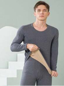 1 件套男士毛絨加厚保暖內衣、秋季衣服和褲子套裝冬季 - 灰色 - 查看 2