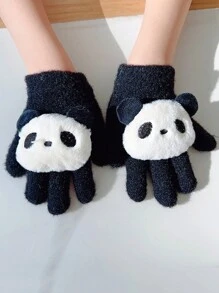 黑色熊貓印花彈力水貂絨冬帽,適合3-8歲兒童 - 黑色 - 查看 1