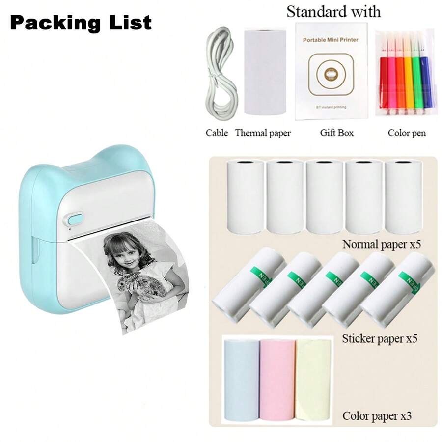 A31 Mini Printer with 13Rolls Thermal Papers Label Portable Thermal Printers Inkless impressora portatil Sticker Paper 57mm For Android IOS 200DPI - Blue - View 1