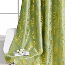 Cortinas Verde Jacquard Con Estampado De Hojas Y Papel Dorado - Verde - Ver 4
