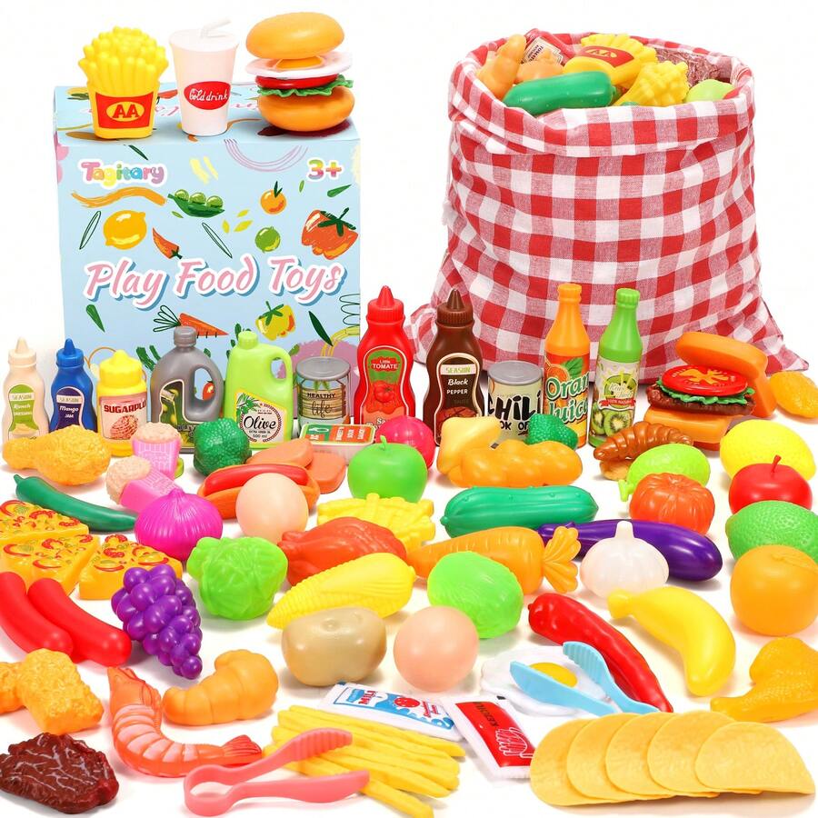Kitchen Toys Play Food Toys Set,88 PCS Plastic Grocery Fake Food Play Kitchen Accessories For Kids,With Fruits Veggies Food Cans And Storage Bag,Birthday Gift For Kids Toddlers - 彩色 - 查看 1