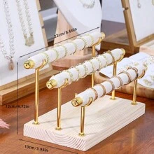 簡約風絲絨階梯狀鏤空造型圓環展示支架帶木頭底座,珠寶收納盒道具適用於裝飾用品 - 白色 - 查看 3