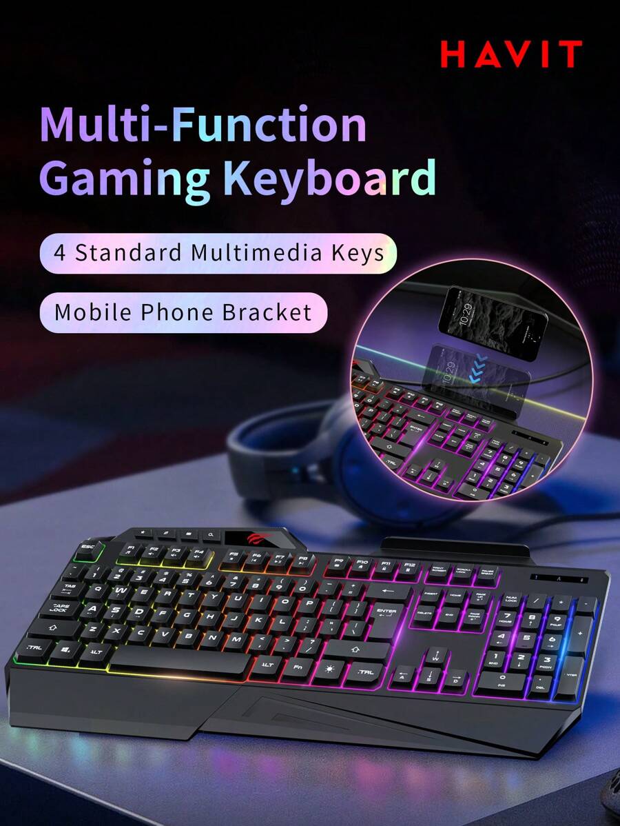 Havit Kb488l多功能遊戲鍵盤,備有手機支架,108鍵彩虹led背光計算機鍵盤,有線機械手感適用於工作或初級遊戲,辦公室設備 - 黑色 - 查看 1