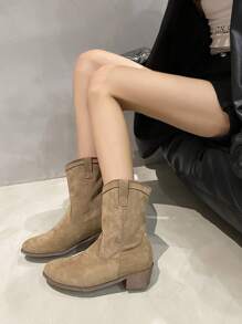 Pointed Toe Chunky Heel Short Western Cowboy Boots For Women, Motorcycle Style - Khaki - View 2