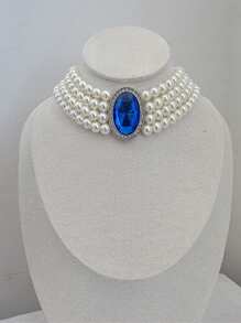 1條法式優雅復古多股珍珠項鍊,藍寶石裝飾,適用於女性 - 彩色 - 查看 3