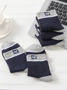 5pairs Men's Mid-calf Socks With Letters & Color Block Design For All Seasons, Daily Wear - Navy Blue - View 3