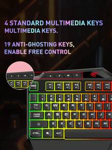Havit Kb488l多功能遊戲鍵盤,備有手機支架,108鍵彩虹led背光計算機鍵盤,有線機械手感適用於工作或初級遊戲,辦公室設備 - 黑色 - 查看 5