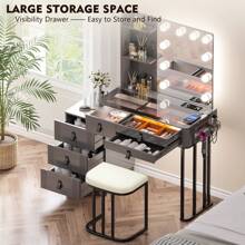Gurexl Vanity Desk with Wireless Charging Station, Dressing Table with Lighted Mirror & 3 Lighting Modes Adjustable Brightness, Glass Top Makeup Vanity Table Set with 6 Drawers & Stool