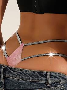 Pink Lace Double Strap Thong Panties - Pink - View 3