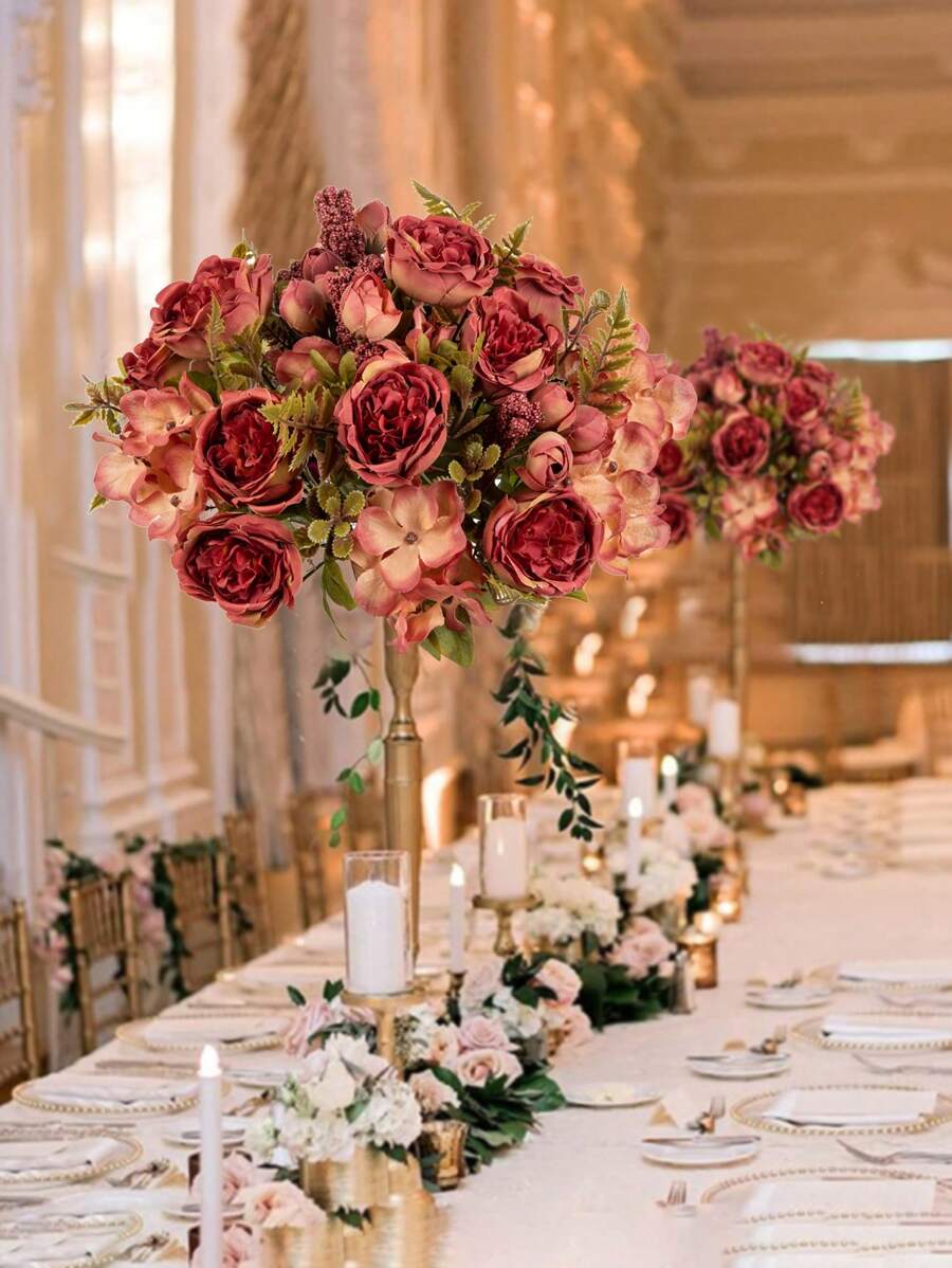 1PC/3PCS 人造 7 头牡丹丝绣球花束，新娘手捧花材料，家居，餐厅，花瓶装饰，婚礼装饰，背景墙装饰，花婚车用 DIY 花环材料，门楣，花材料，情人节礼物，秋季装饰，情人节，礼物 - 橘色 - 查看 1