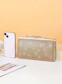 Glamorous Glitter Bling, Sequin, Luxury, Shiny Golden Rhinestone Decor Fashionable Clutch Bag For Women, Suitable For Evening Party Evening Bag, Dinner Bag For Party Girl, Woman, Bride Perfect for Party, Wedding, Prom, Dinner/Banquet, For Cocktail - Gold - View 3