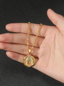 1pc Men's Golden Color Virgen de Guadalupe Pattern Round Pendant Necklace - Yellow Gold - View 2