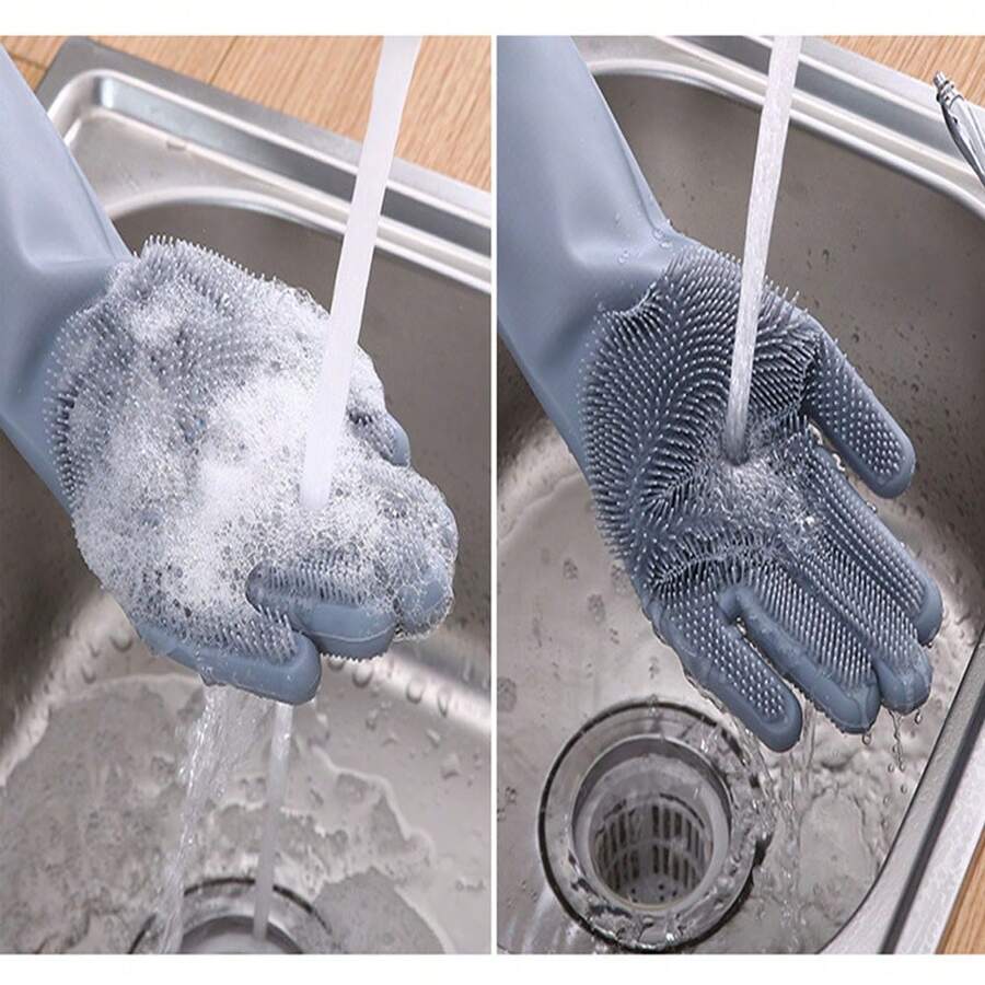 1pc Kitchen Silicone Dishwashing Gloves - Grey - View 1