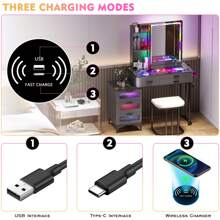Lvifur Makeup Vanity Table with RGB Lights & Charging Station, Auto Sensor LED Dressing Table with 24 RGB Dimmable Lights, Makeup Desk with Storage Shelves and 6 Drawers