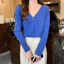 Suéter ligero para mujer, cárdigan de manga larga, camiseta sin mangas corta asimétrica de estilo informal de otoño para mujer - Azul - Ver 6