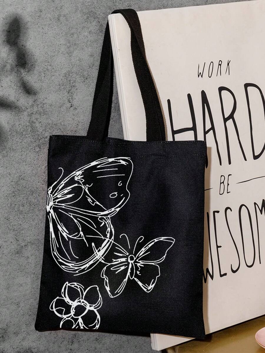 蝴蝶画图案双面印花单肩手提包，时尚蝴蝶包 - 黑與白 - 查看 1