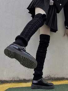 2 件裝女式毛絨長款保暖針織大腿高筒襪,秋冬 - 黑色 - 查看 2