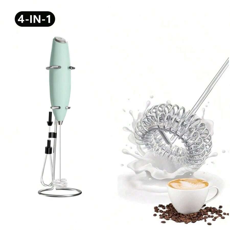 4合1手持式奶泡器,咖啡奶泡器,電動攪拌器,攪拌棒帶底座 - 藍色 - 查看 1